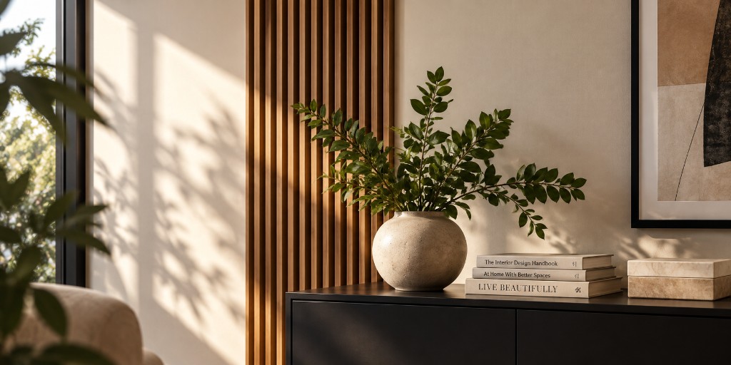 A styled console with greenery, books and warm timber panelling
